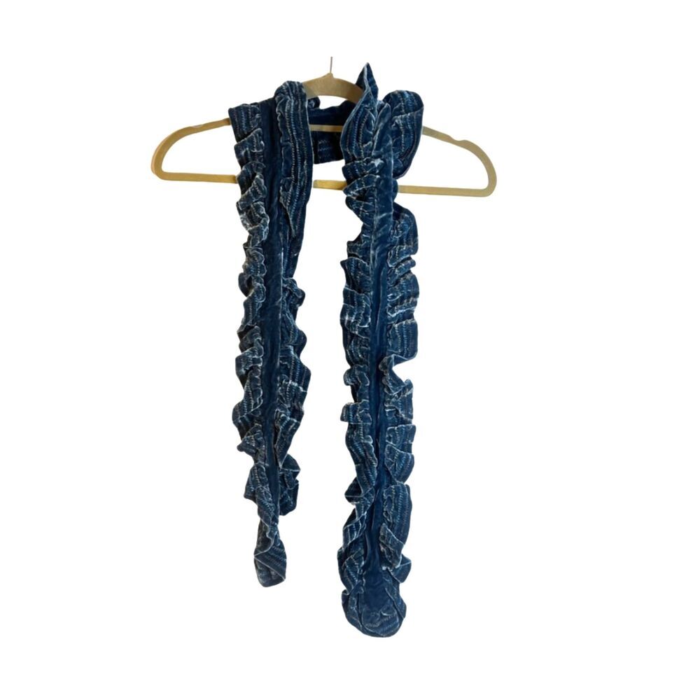 Elizabeth Gillett Velvet Ruffled Silk Blend Scarf Boho Luxe Gypsy Hippie Blue